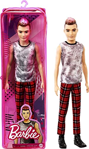 Barbie Ken Fashionistas Doll with Sculpted Brunette Ombre-Tipped Hair Wearing Sleeveless Tie-dye Shirt, Red Plaid Pants & Black Boots L442816