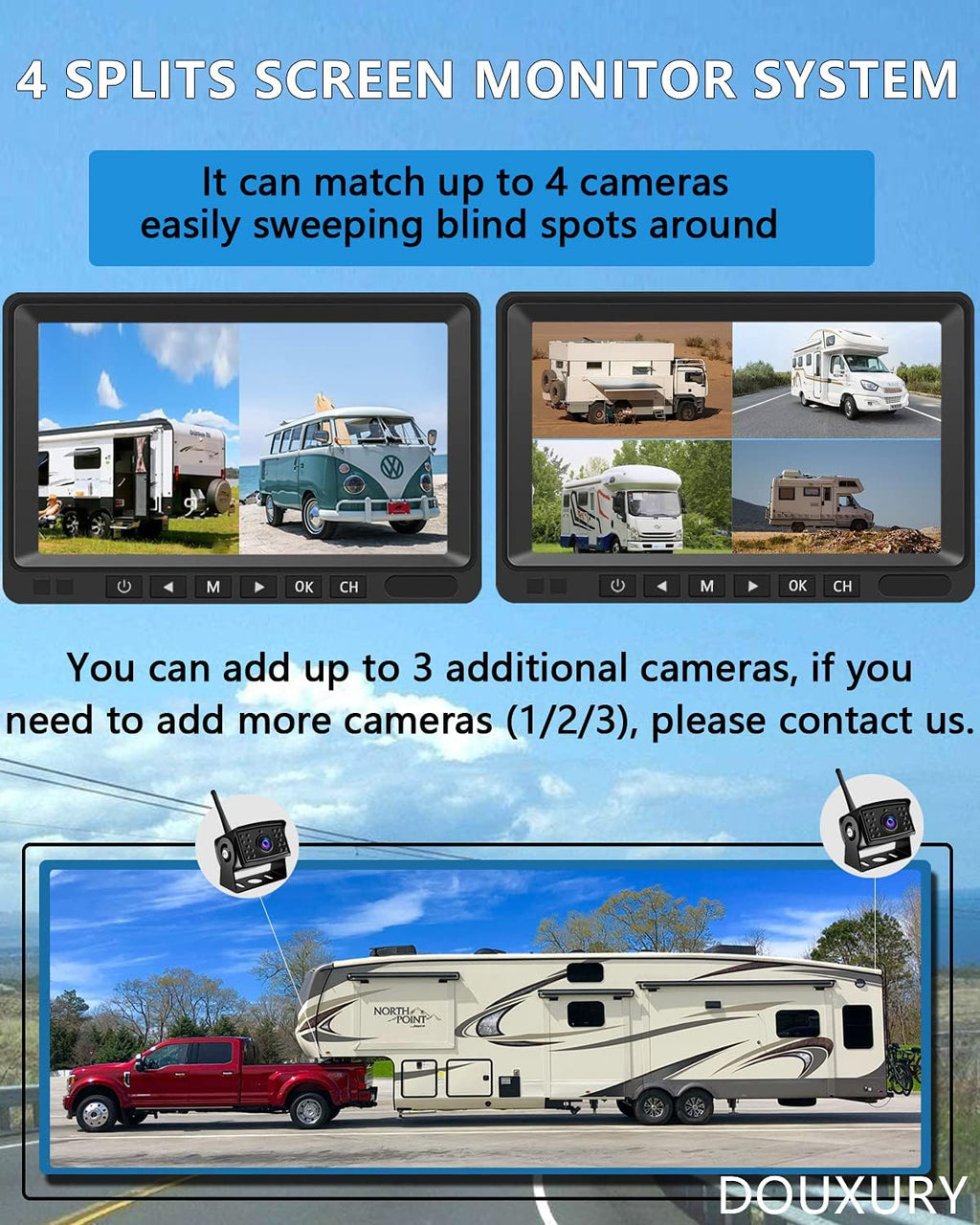 Wireless Backup Camera IP69 Waterproof 170° Wide View Angle HD 1080P with 7 Monitor V285