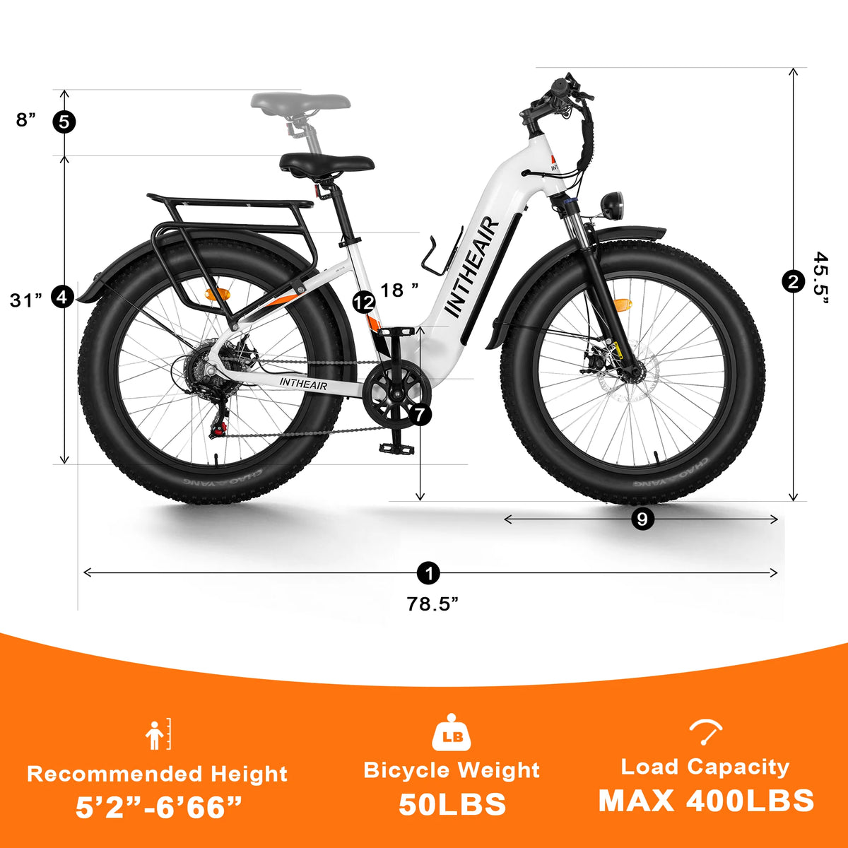 Electric Bike 26 x 4.0 Fat Tire Step-Thru 750W Motor 48V 14.5A Battery 7 Speed White F730865