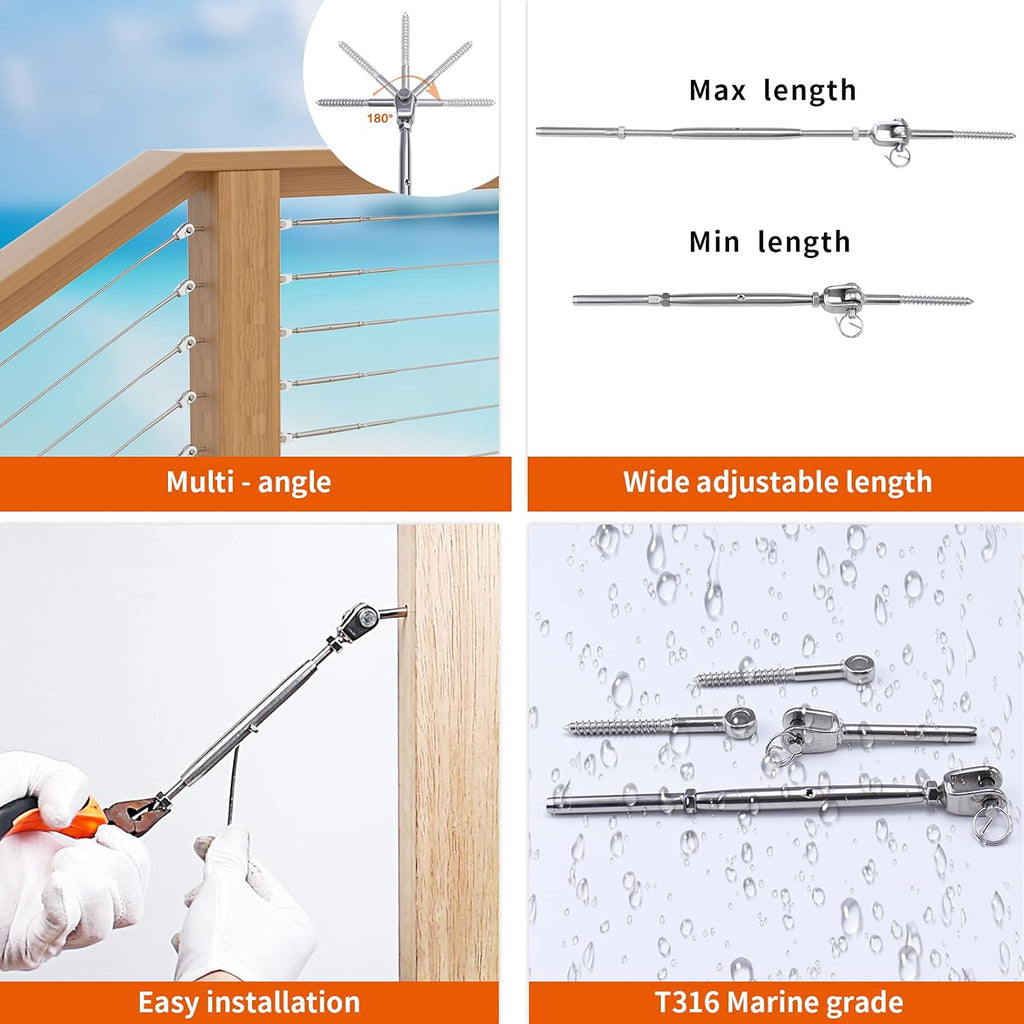20 Set Cable Railing Kit 1/8 T316 Stainless Steel Turnbuckle Hardware V52166
