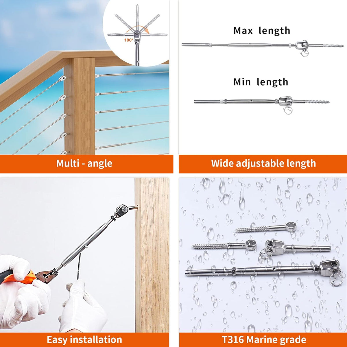 20 Set Cable Railing Kit 1/8 T316 Stainless Steel Turnbuckle Hardware V52166