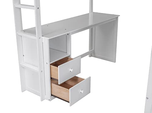 White Wooden Loft Bed with Storage Wardrobe and Desk K213