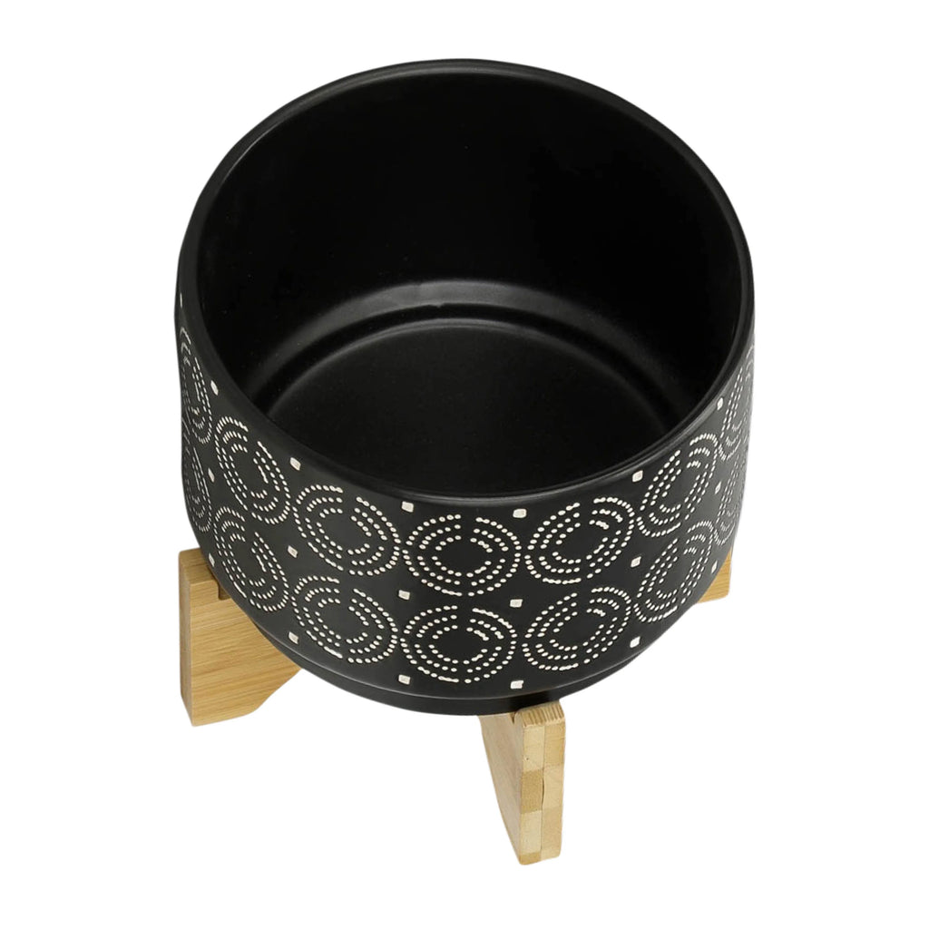 Black Round Ceramic Swirl Planter On Stand E9436