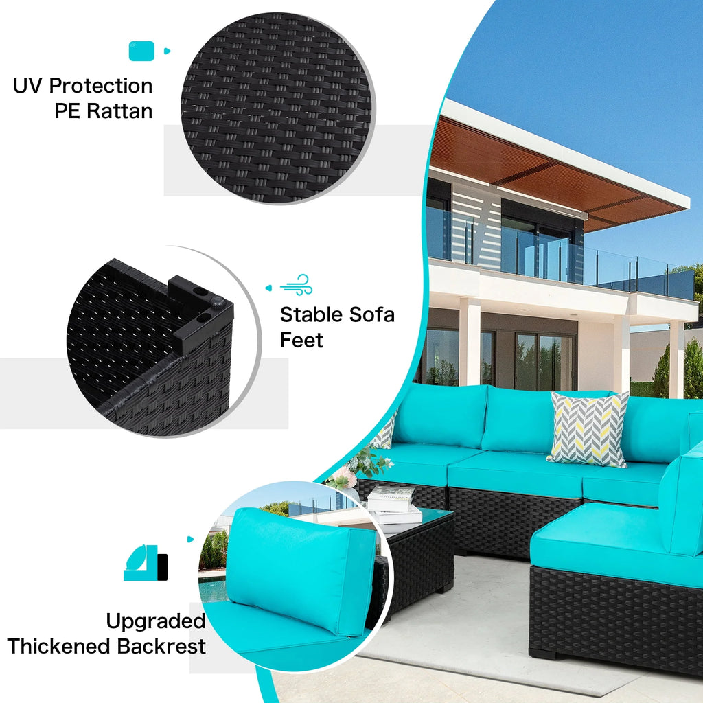 7 Pieces Black Wicker Outdoor Sectional Sofa Set with Tea Table I645494