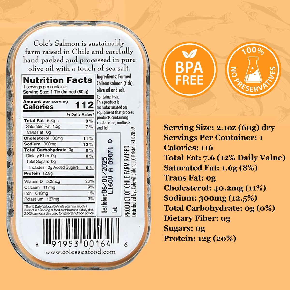 Canned Smoked Salmon in Extra Virgin Olive Oil, 3.2 oz (5 Pack) P711739