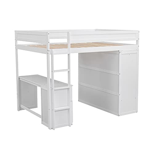White Wooden Loft Bed with Storage Wardrobe and Desk K213