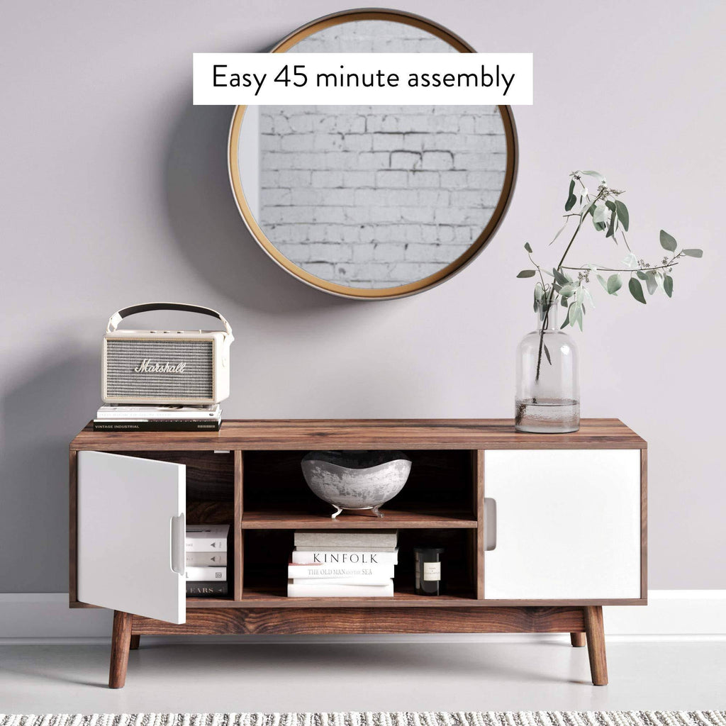 Brown Scandinavian TV Stand with White Cabinet Doors E59084