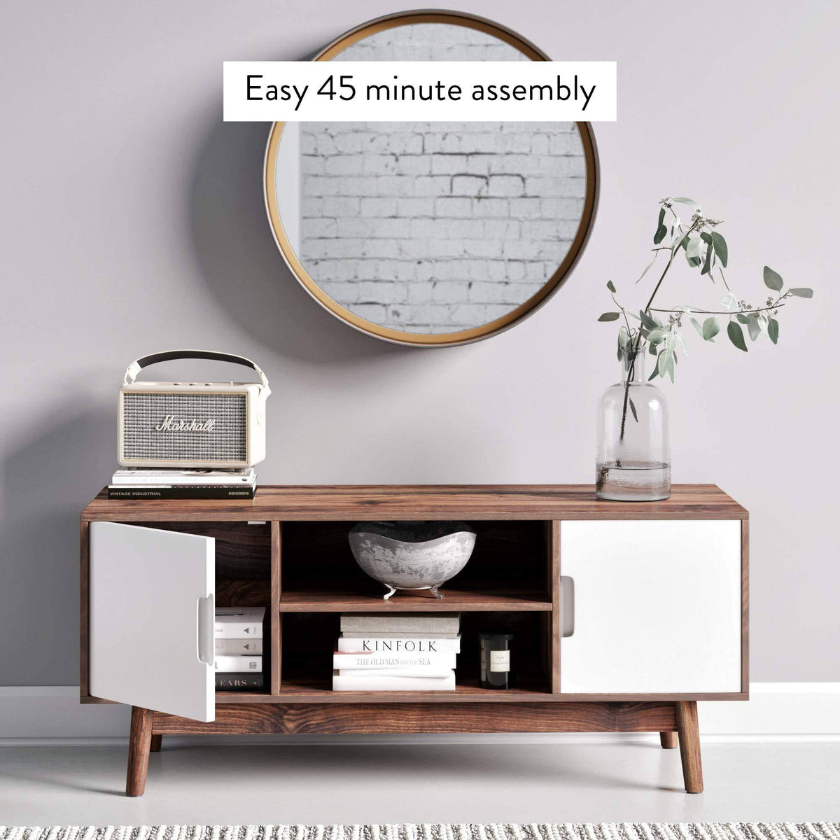 Brown Scandinavian TV Stand with White Cabinet Doors E59084