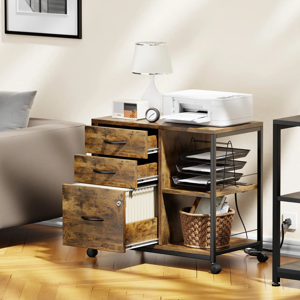 Brown 3 Drawer Wood File Cabinet with USB Charging Ports T78948