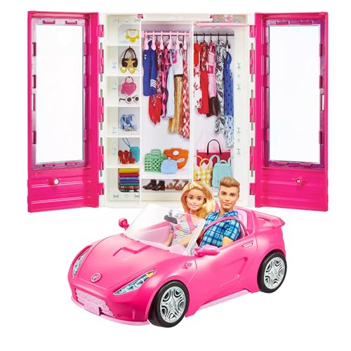 Barbie and Ken Doll with Wardrobe and Pink Two-Seater Convertible Car K92336