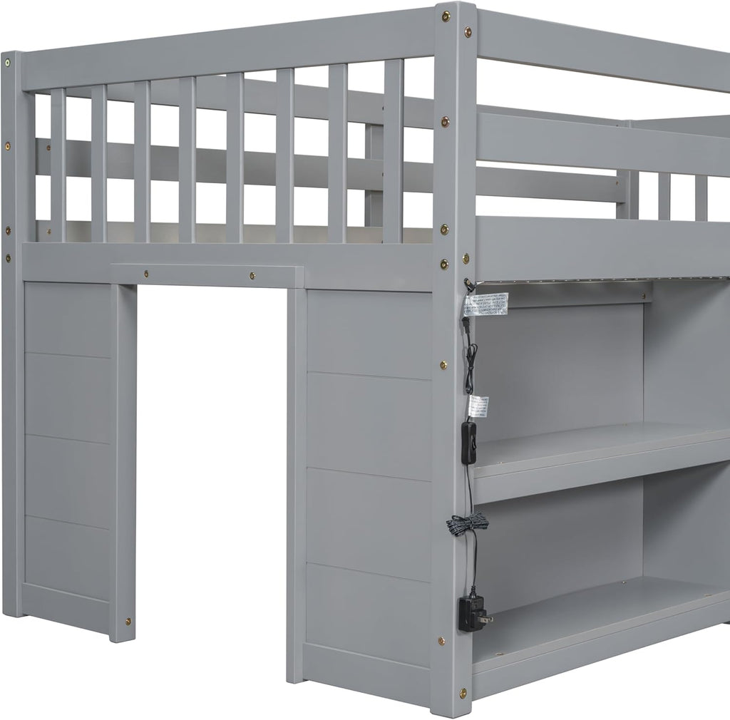Grey LED Twin Low Loft Bed with Storage Shelves W1838