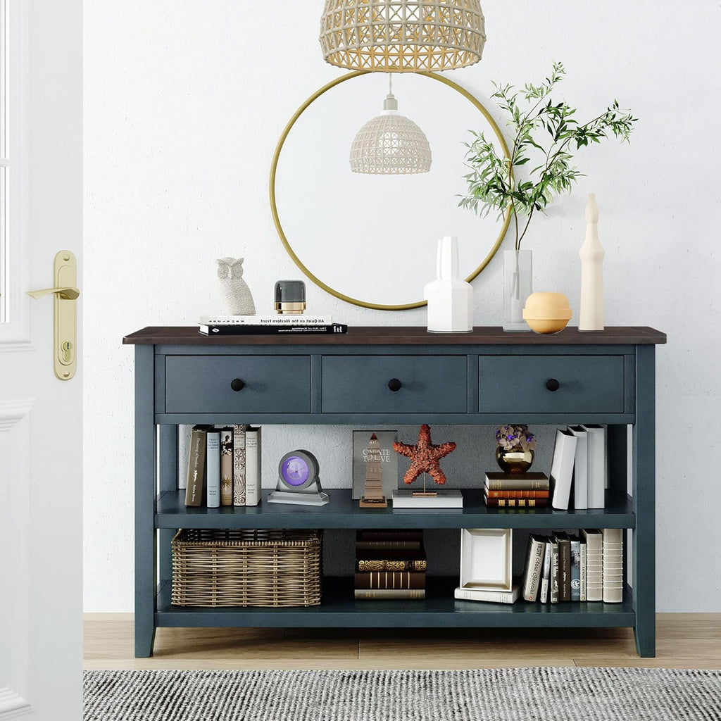 Navy Console Table with 2 Open Shelves and 3 Storage Drawers, Pine Solid Wood Frame E86810