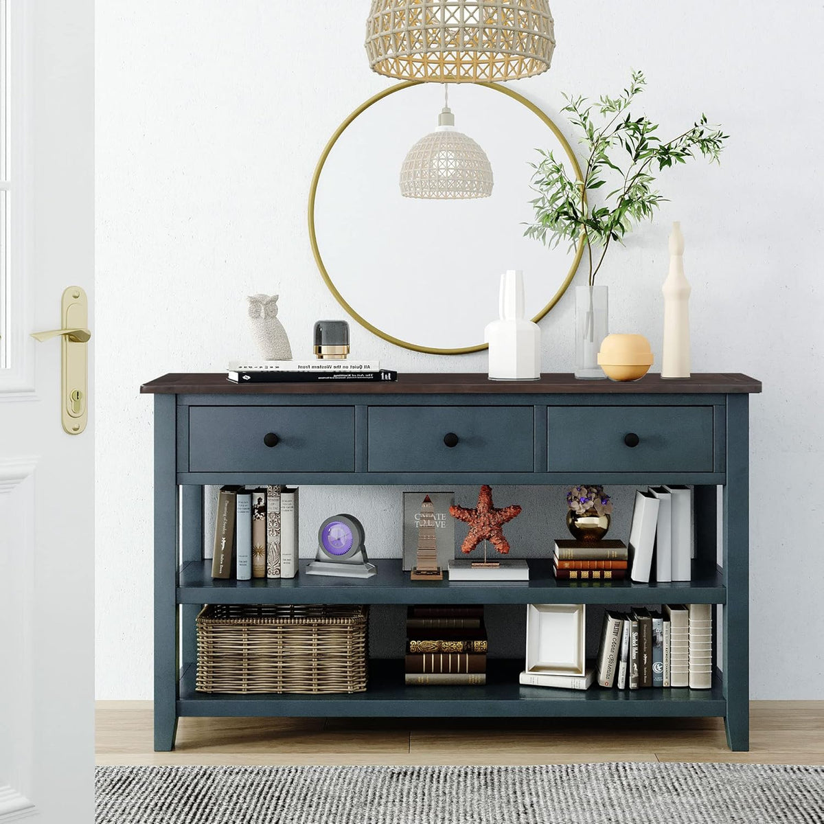 Navy Console Table with 2 Open Shelves and 3 Storage Drawers, Pine Solid Wood Frame E86810