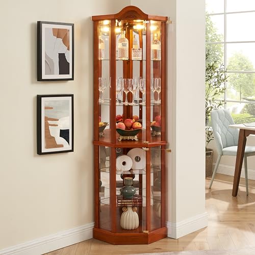 Oak Lighted Wooden Corner Display Curio Cabinet with Tempered Glass Doors C42961