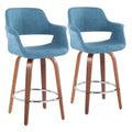 26" Mid-Century Modern Counter Stool with Swivel in Walnut Wood and Blue Fabric with Round Chrome Metal Footrest - Set of 2 V572