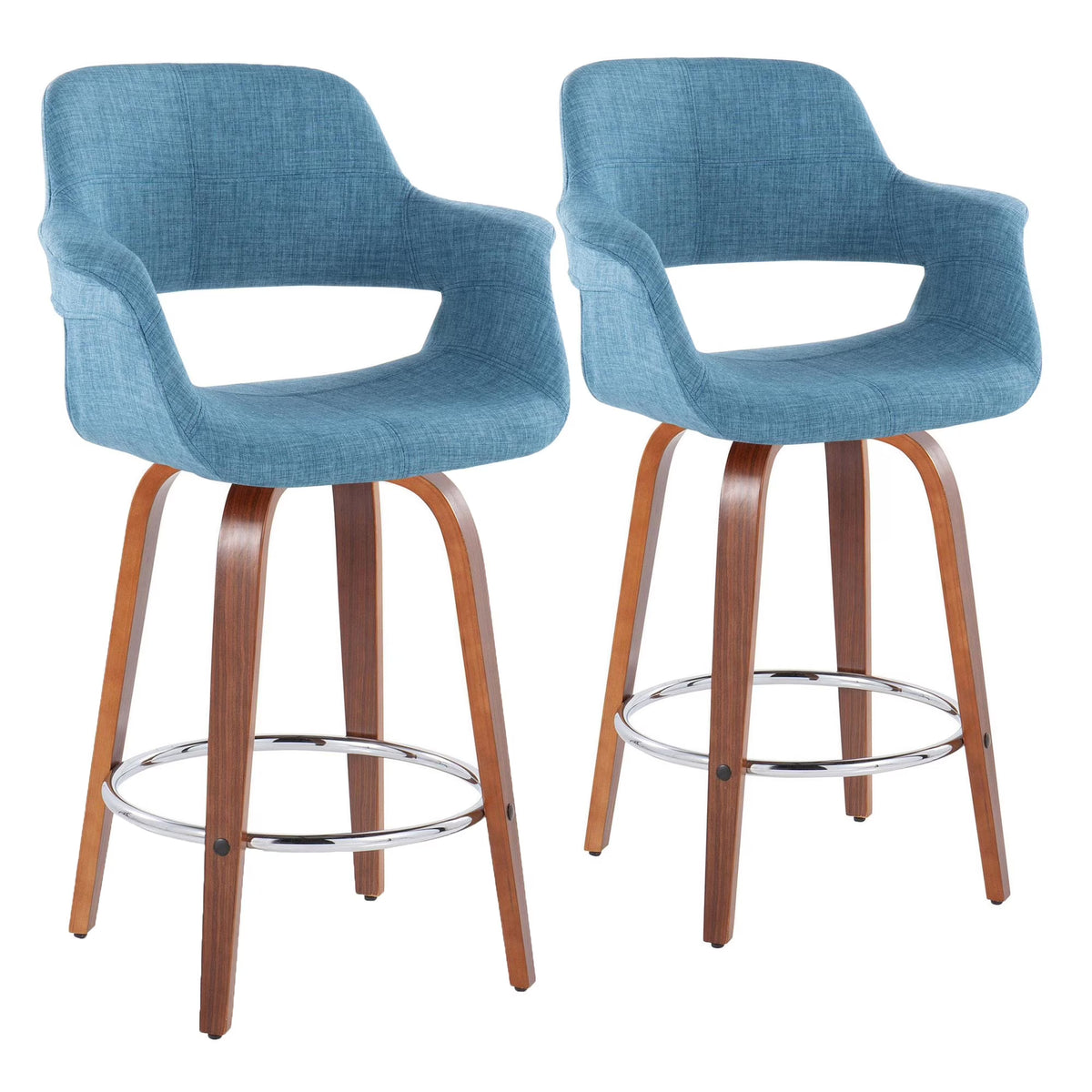 26" Mid-Century Modern Counter Stool with Swivel in Walnut Wood and Blue Fabric with Round Chrome Metal Footrest - Set of 2 V572