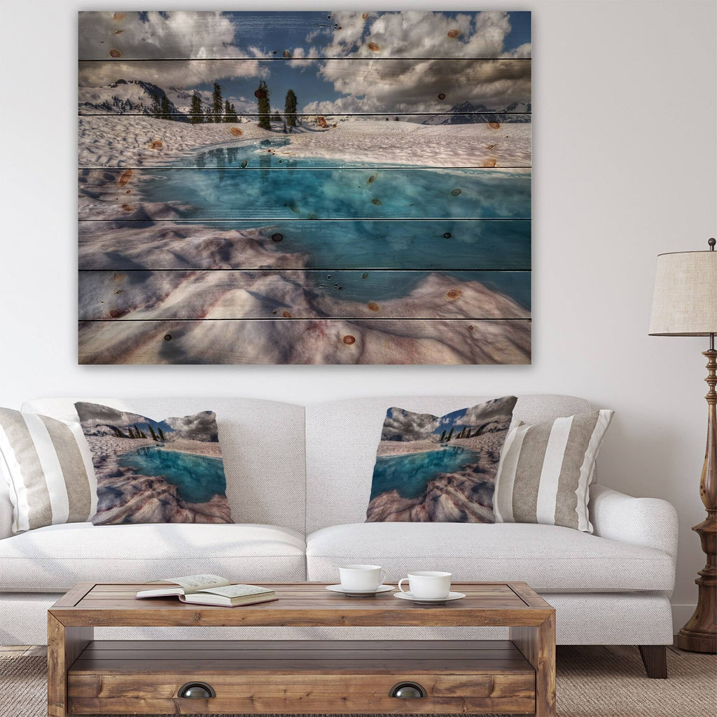 Blue Melt Lake in Fog Landscape Print on Natural Pine Wood 40 in. Wide x 30 in. High L6708
