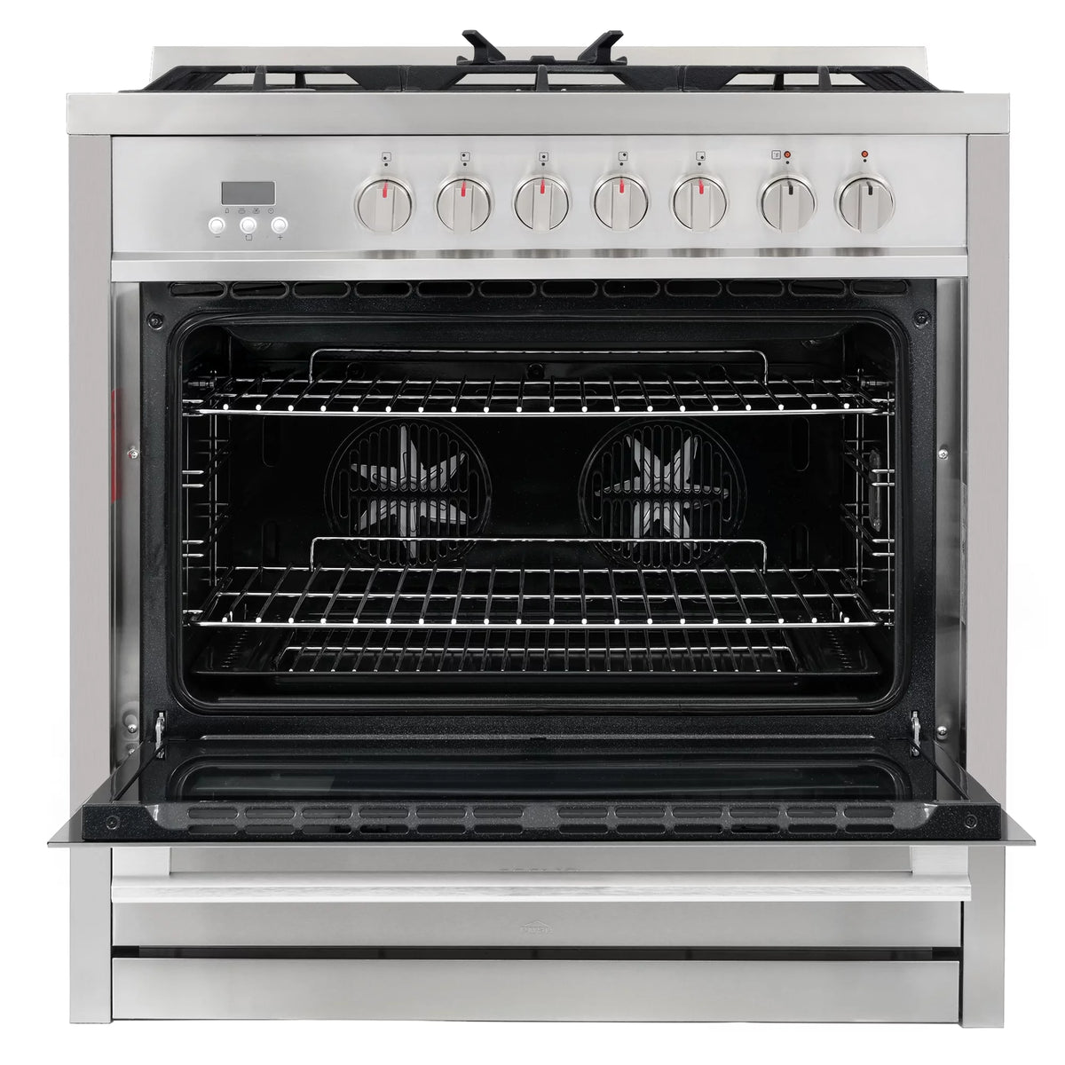 2 Piece Dual Fuel Range and Wall Mount Range Hood Kitchen Appliance Package M120