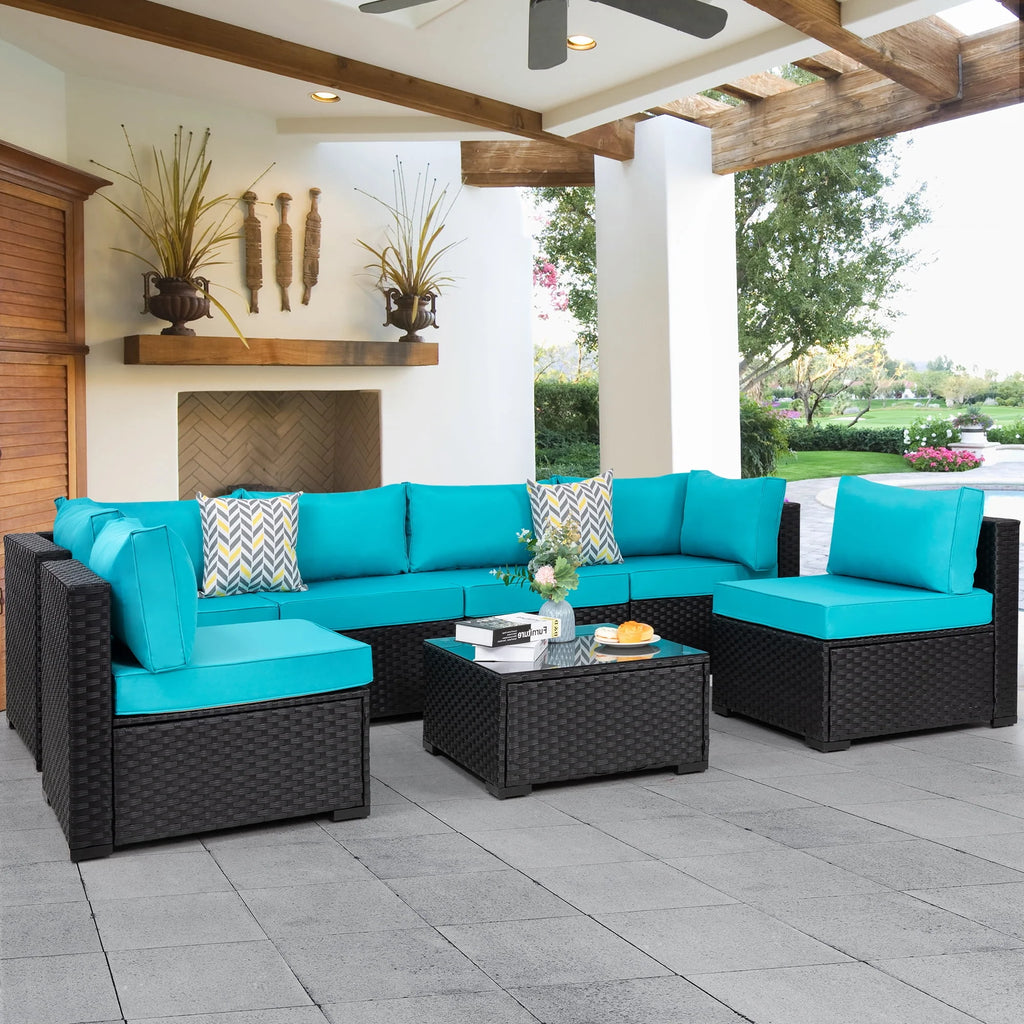 7 Pieces Black Wicker Outdoor Sectional Sofa Set with Tea Table I645494
