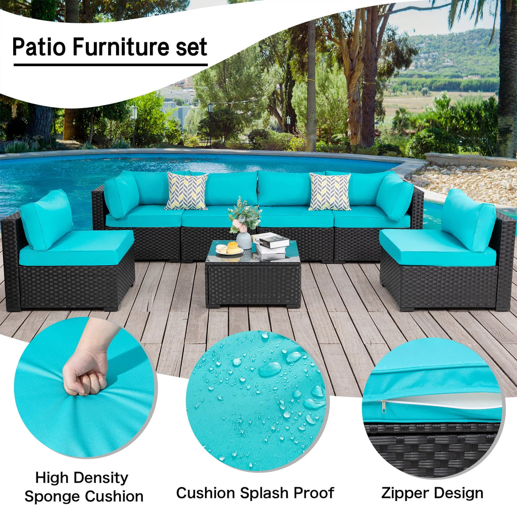 7 Pieces Black Wicker Outdoor Sectional Sofa Set with Tea Table I645494