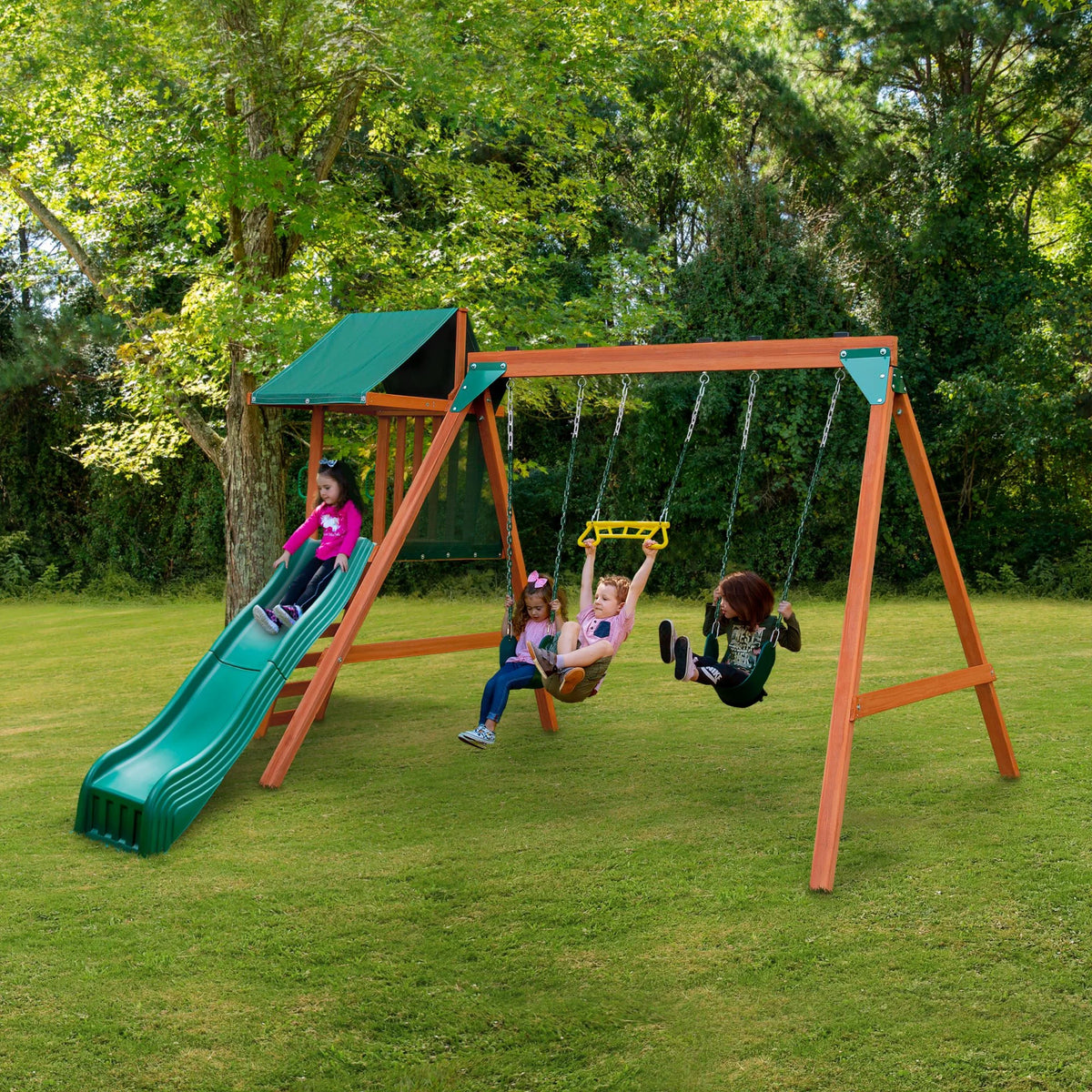 Basic Swing Set with Two Swings, Trapeze Swing, and Slide J1786