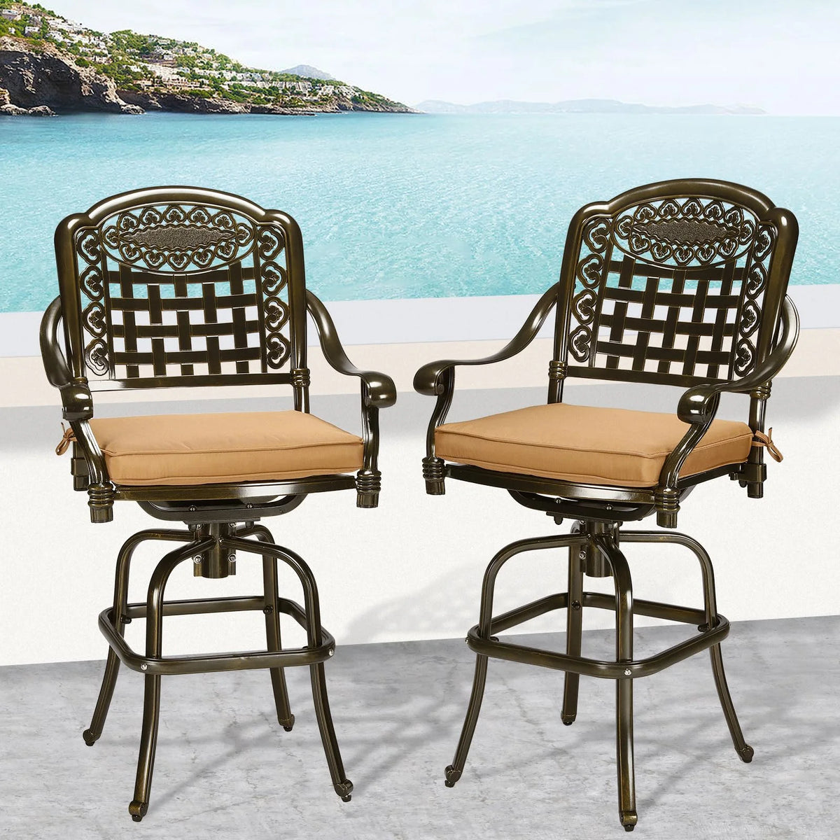 2 Piece Cast Aluminum Swivel Bar Stools with Cushions J60275