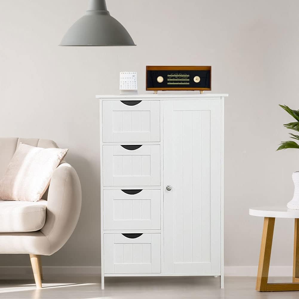 White Wooden Floor Storage Cabinet with 1 Door & 4 Drawer O1828