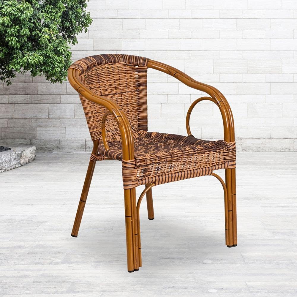 Dark Red Bamboo-Aluminum Indoor-Outdoor Restaurant-Patio Chair with Brown Rattan B328537