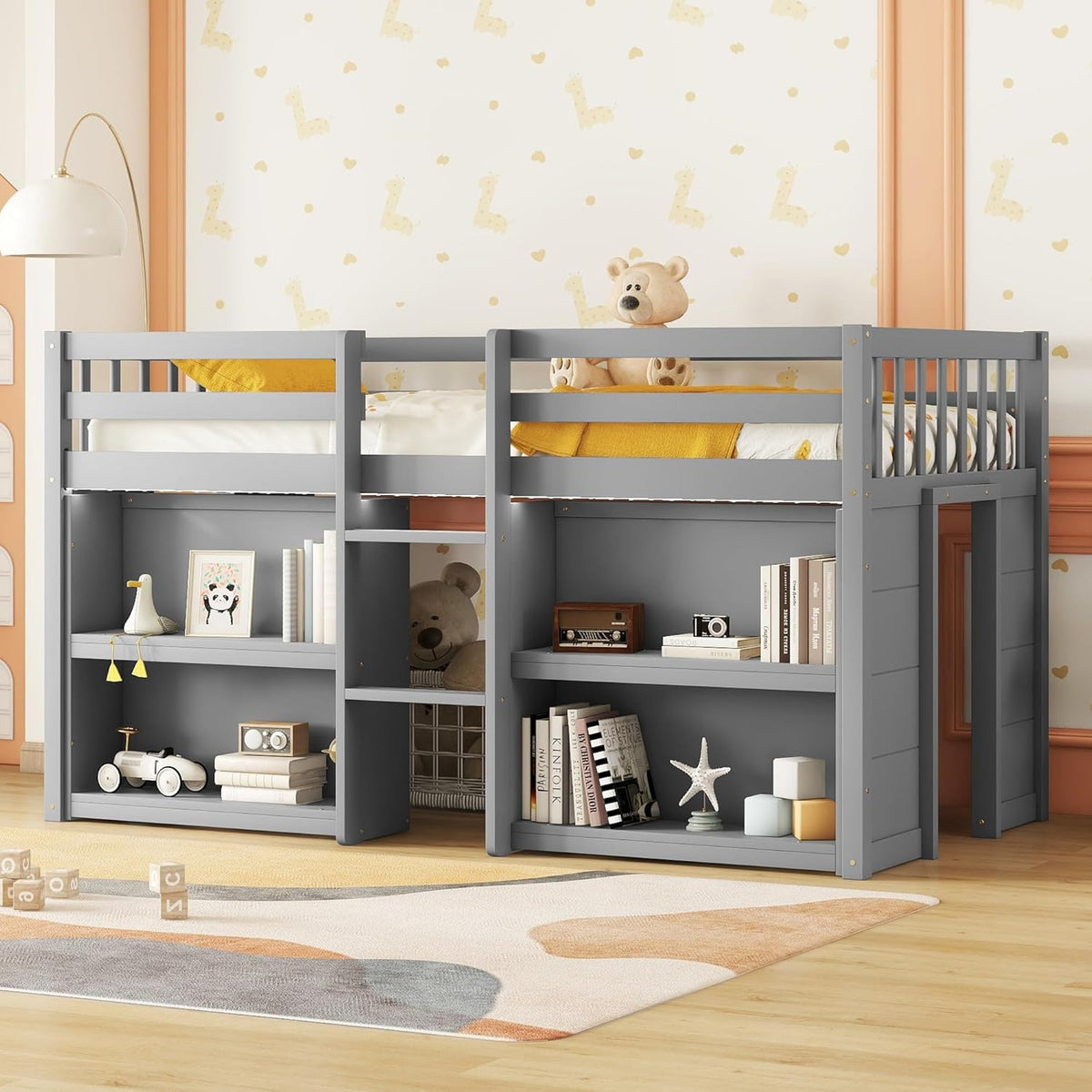 Grey LED Twin Low Loft Bed with Storage Shelves W1838