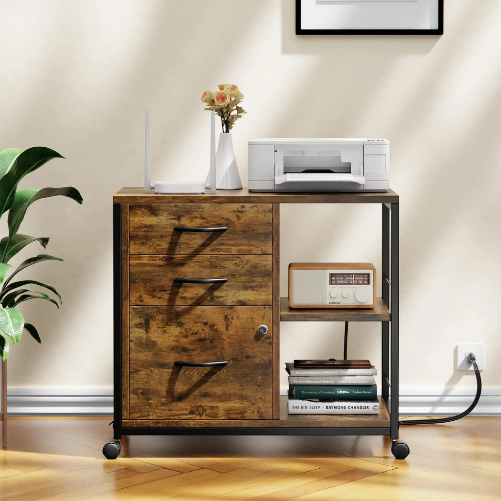 Brown 3 Drawer Wood File Cabinet with USB Charging Ports T78948