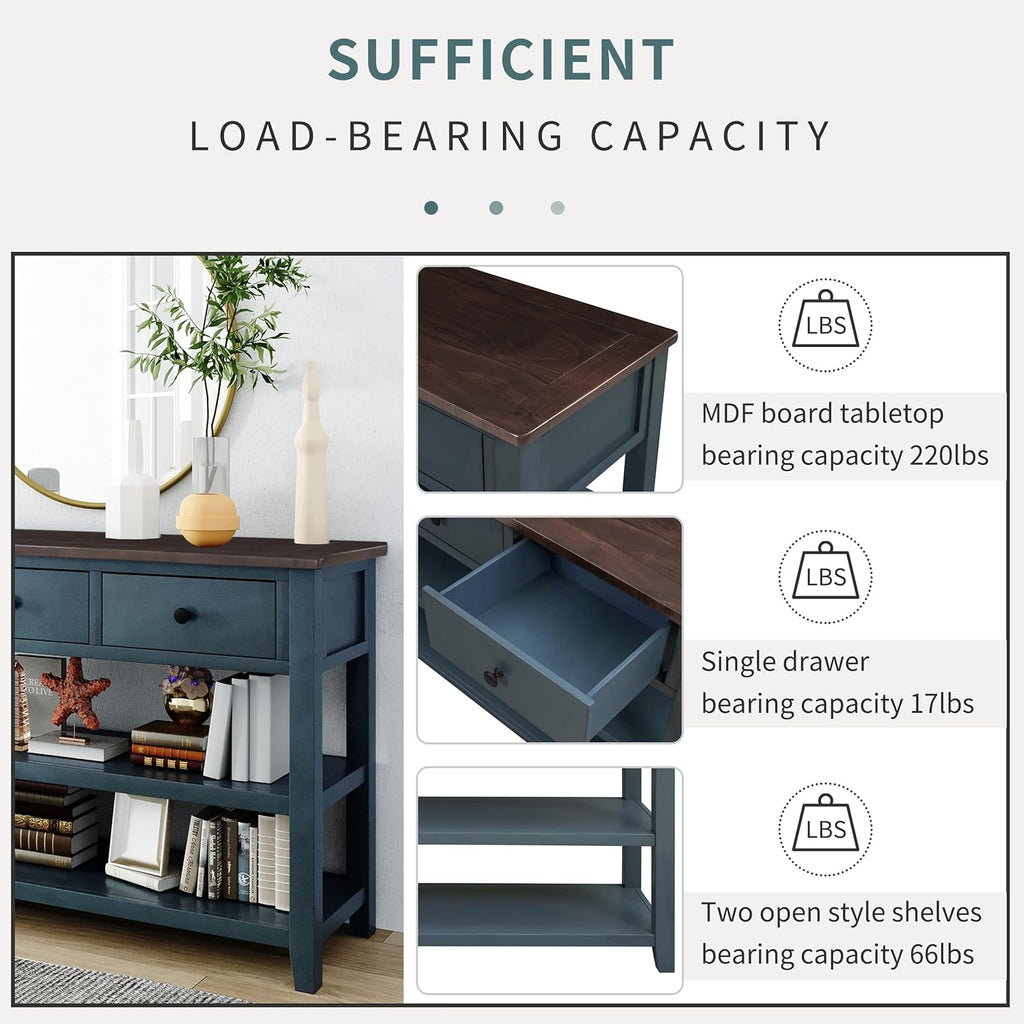 Navy Console Table with 2 Open Shelves and 3 Storage Drawers, Pine Solid Wood Frame E86810