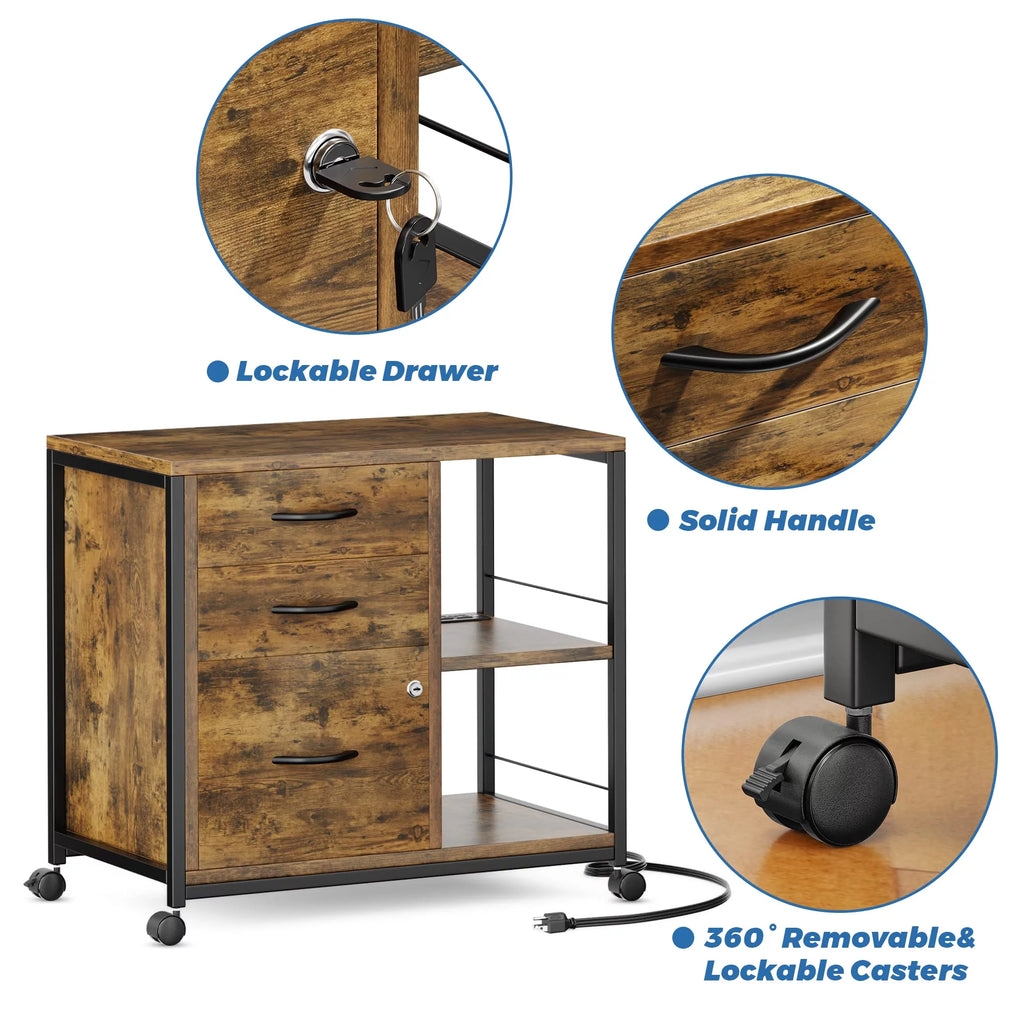 Brown 3 Drawer Wood File Cabinet with USB Charging Ports T78948