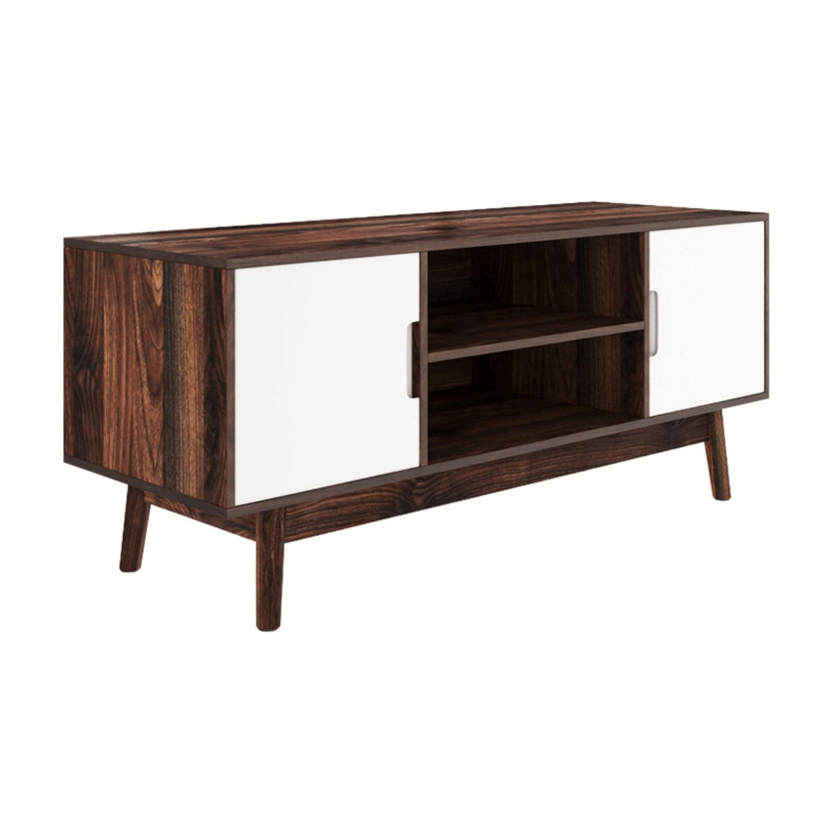 Brown Scandinavian TV Stand with White Cabinet Doors E59084