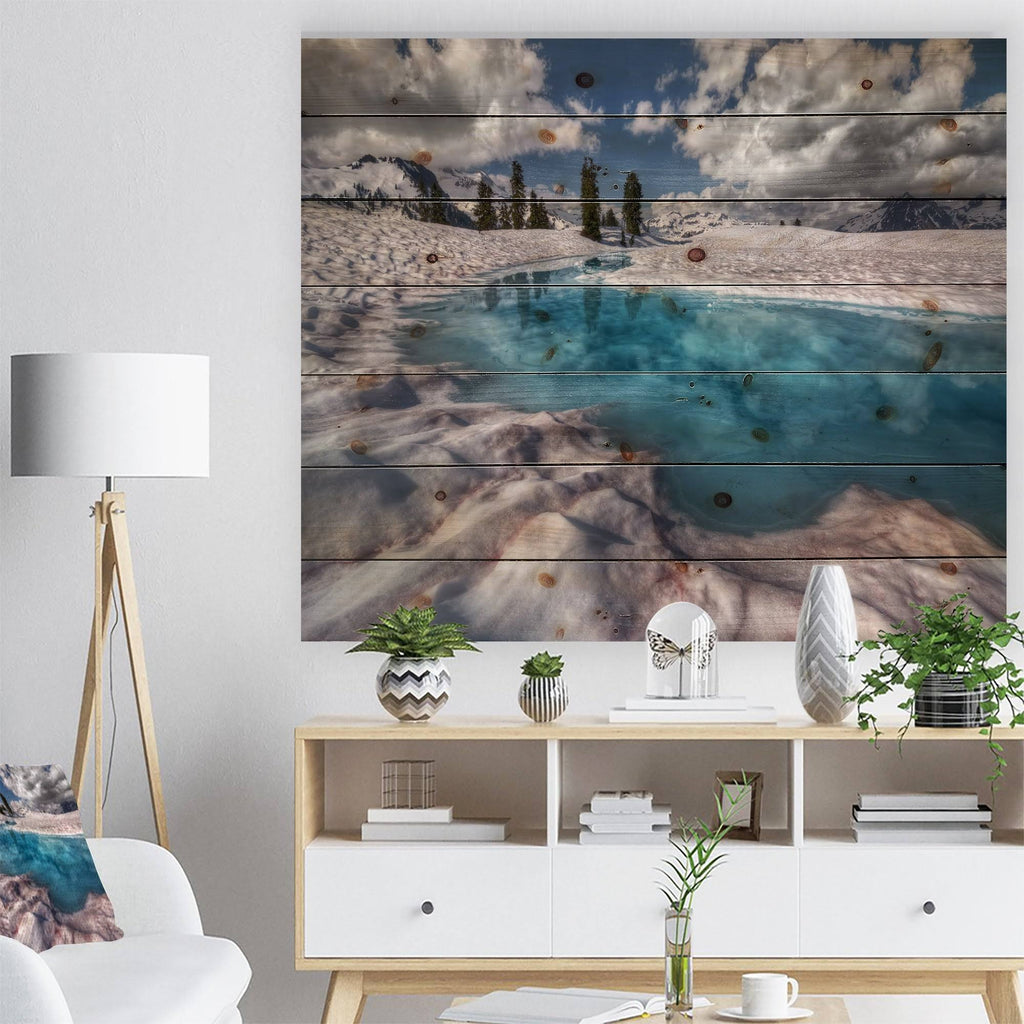 Blue Melt Lake in Fog Landscape Print on Natural Pine Wood 40 in. Wide x 30 in. High L6708
