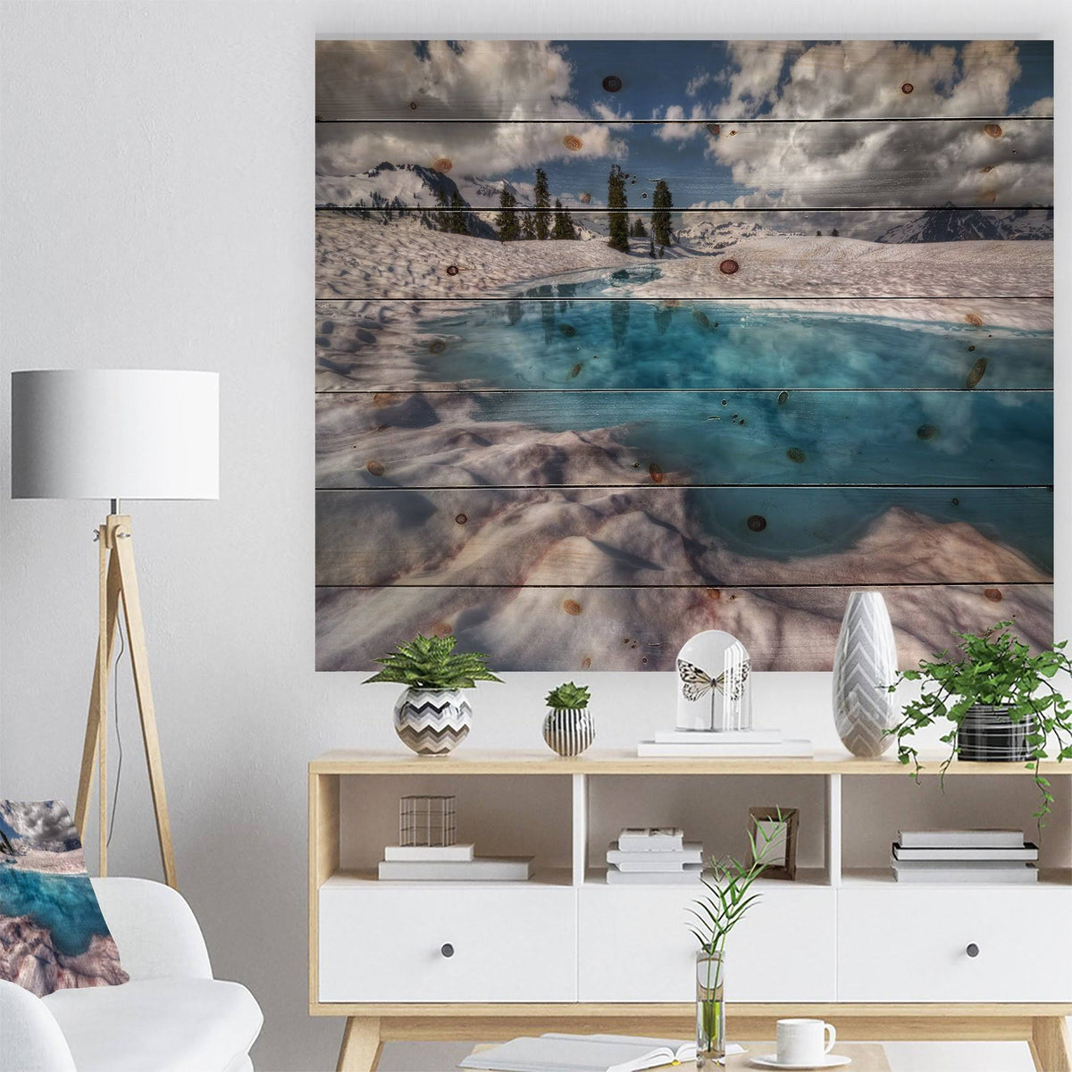 Blue Melt Lake in Fog Landscape Print on Natural Pine Wood 40 in. Wide x 30 in. High L6708