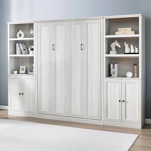 Queen Size White Wood Murphy Bed with Storage Bookcase Shelves S723507