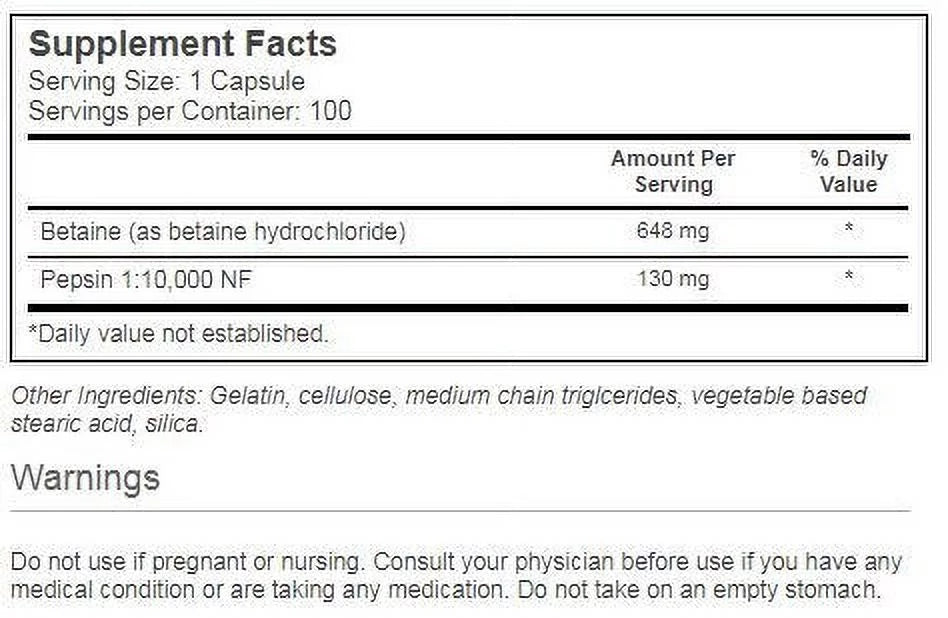 100 Ct Betaine HCl Capsules W15974