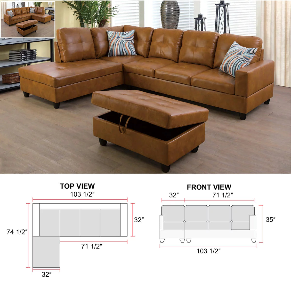 Ginger Leather Sectional Sofa Set with Storage Ottoman E214299