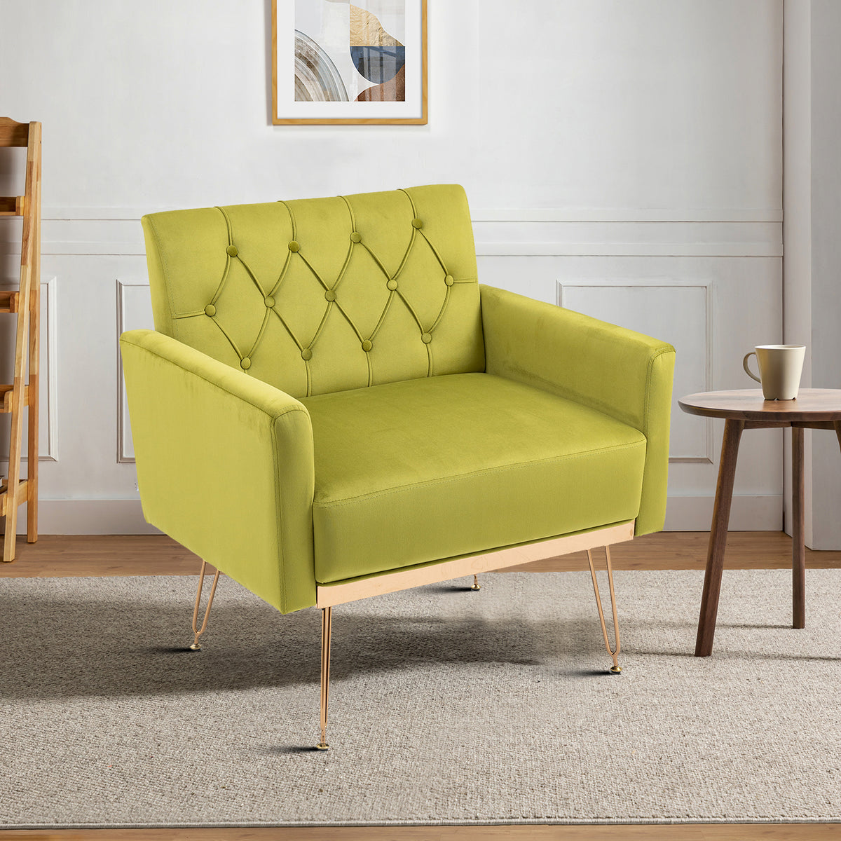 Olive Green Velvet Upholstered Accent Chair with Button Tufted Design and Metal Legs W8988