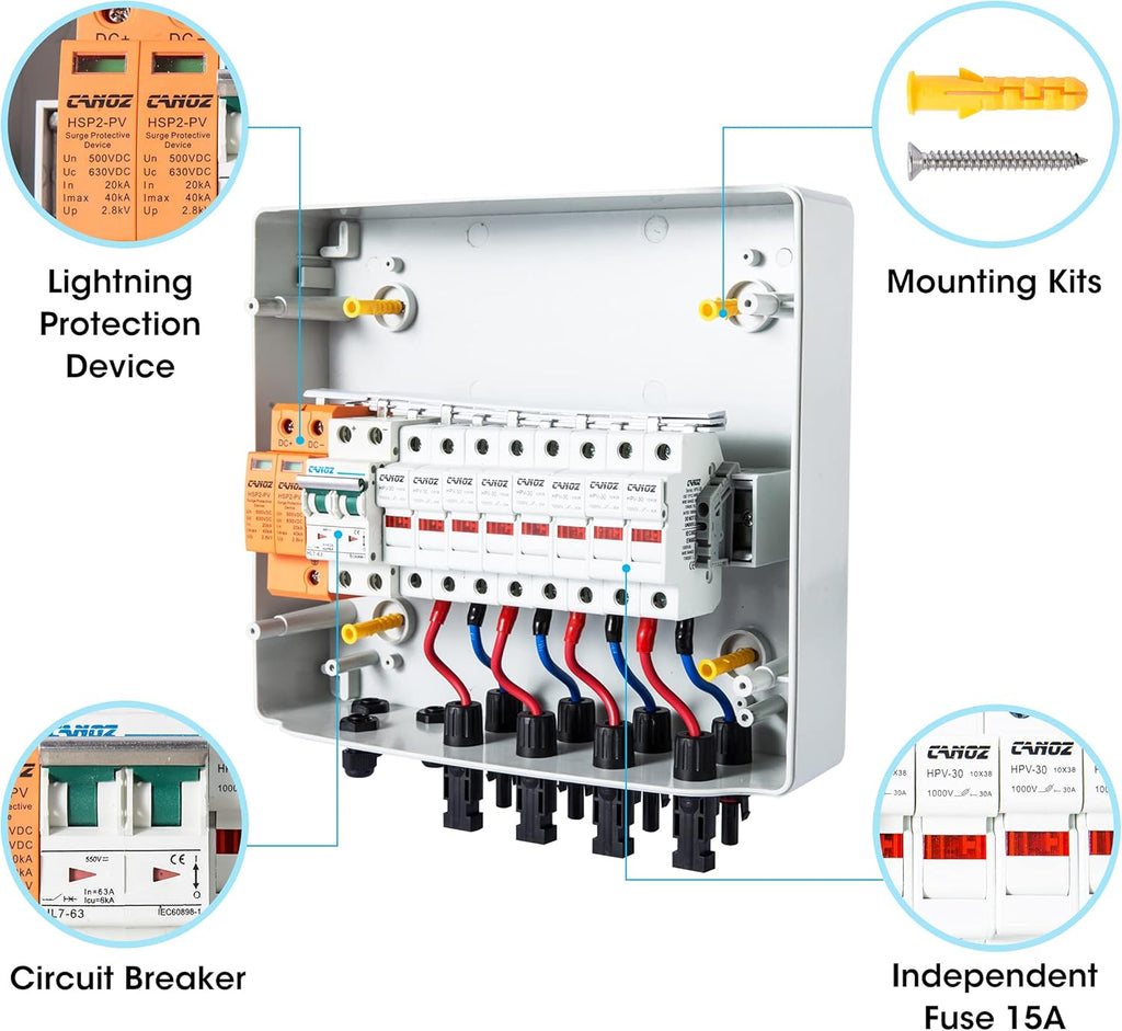 4 String PV Combiner Box with 15A Fuse, 63A Circuit Breaker, Surge Protector and MC4 Connectors G27817