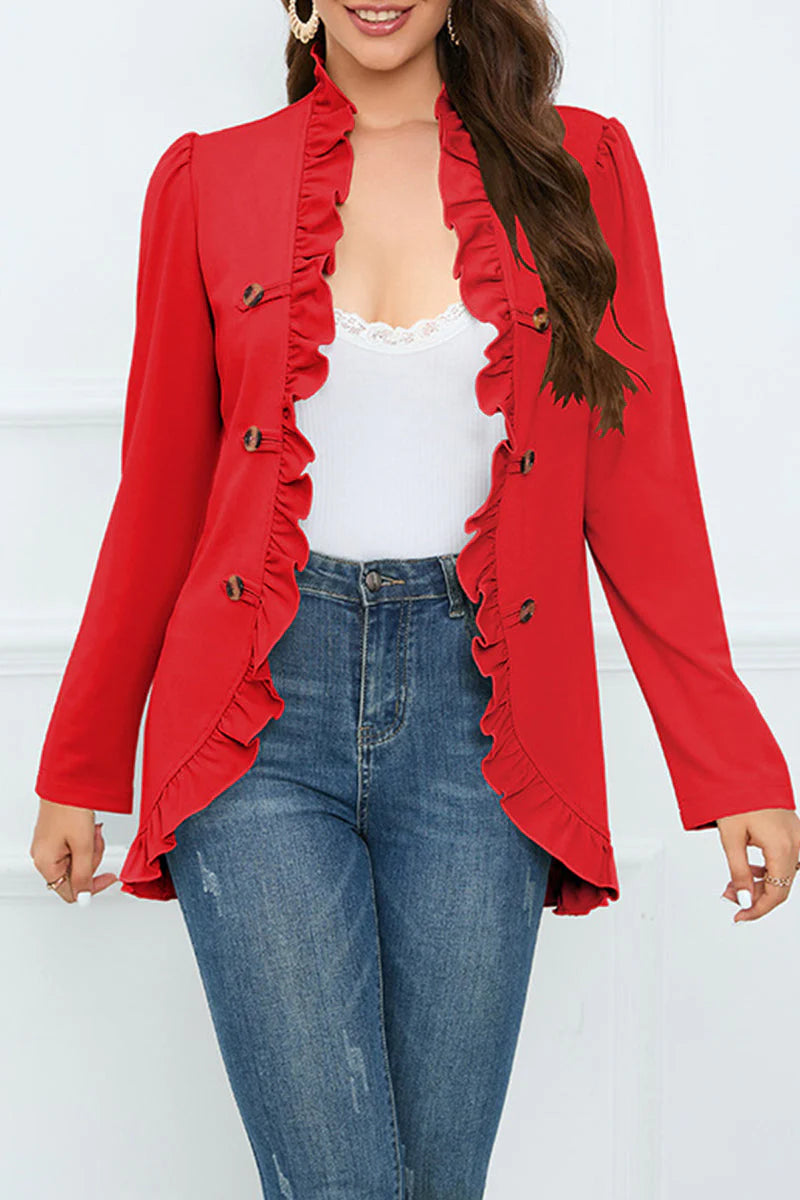 Solid Buckle Flounce Lotus Leaf Collar Outerwear D121466