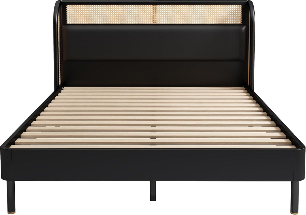 Queen Size Rattan Platform Bed with Wingback Headboard K451