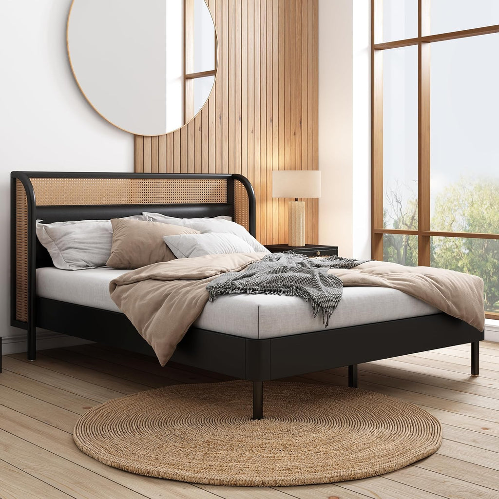 Queen Size Rattan Platform Bed with Wingback Headboard K451