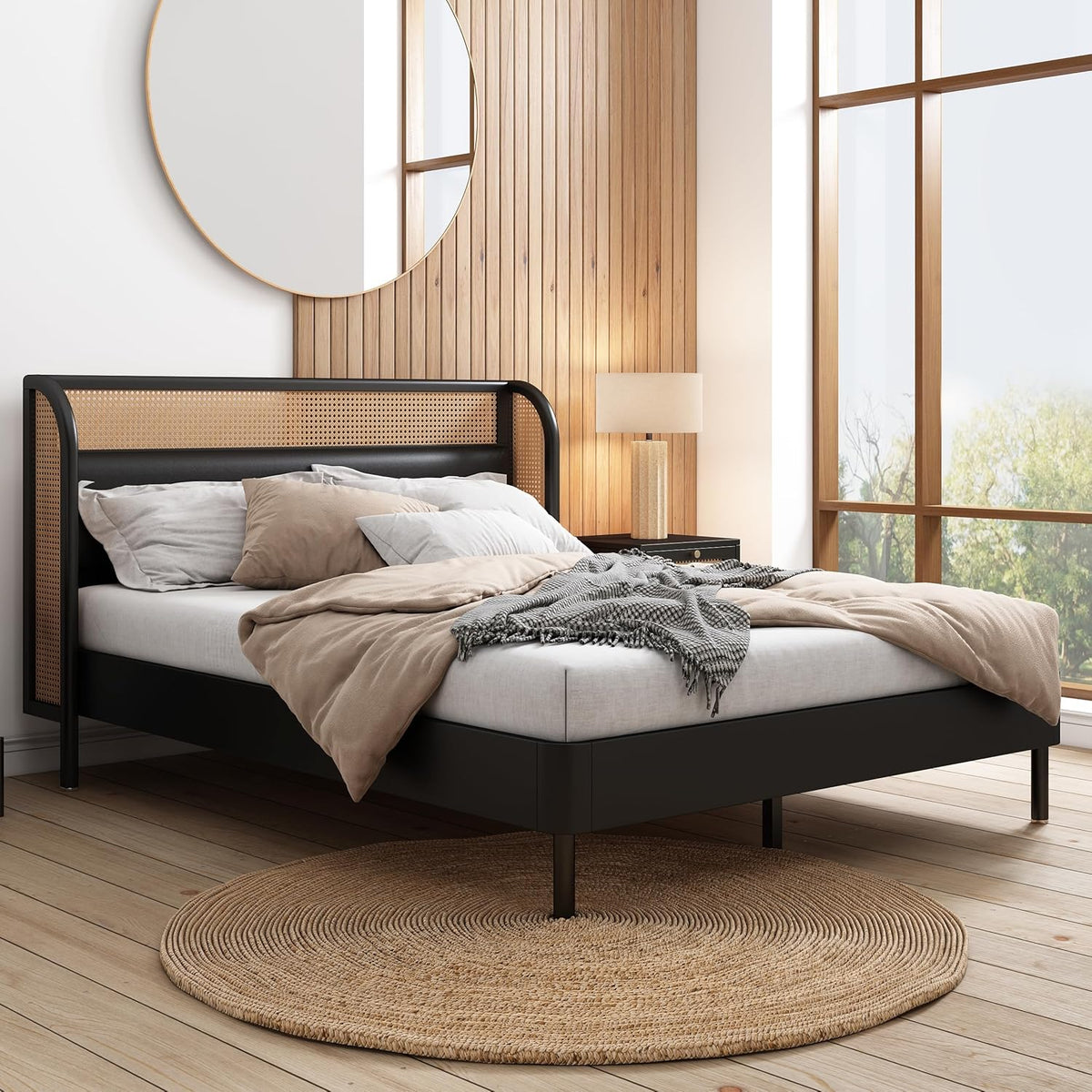 Queen Size Rattan Platform Bed with Wingback Headboard K451