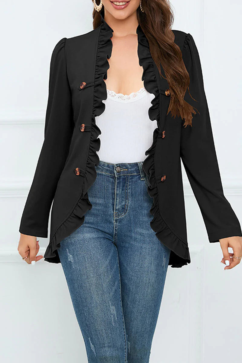 Solid Buckle Flounce Lotus Leaf Collar Outerwear D121466