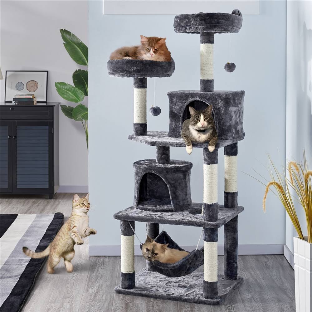 62.2x22 Double Condo Cat Tree and Scratching Post Tower Dark Gray P516