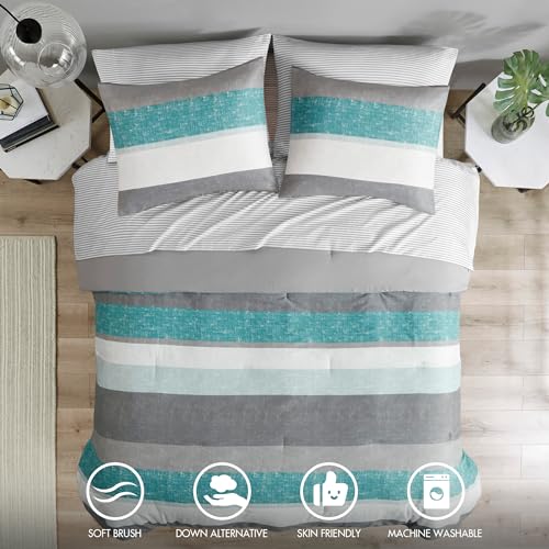 Queen Aqua/Grey 7 Piece Microfiber Comforter Set E78823