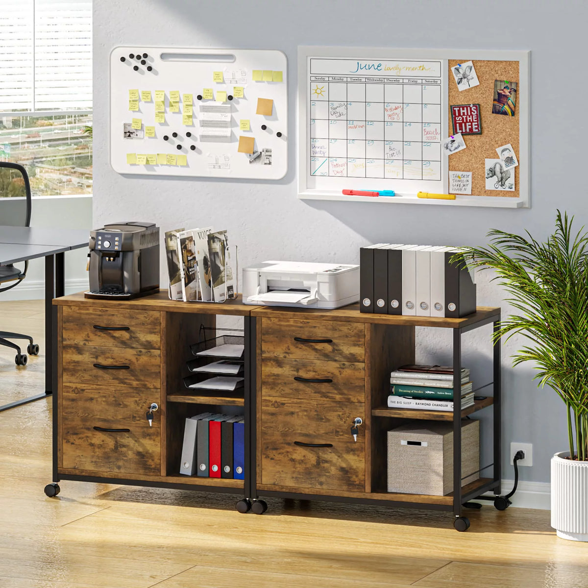 Brown 3 Drawer Wood File Cabinet with USB Charging Ports T78948