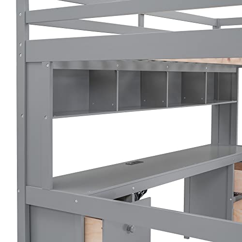 Gray Full Size Wooden Loft Bed with Desk and Storage, 4 Drawers & 4 Shelves A9884