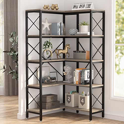 5-Shelf Corner Bookshelf with Metal Frame Grey J824060